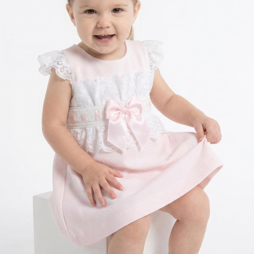 Baby Girl Pink Waffle A Line Lacey  Dress Satin Bow "2518 Pink"