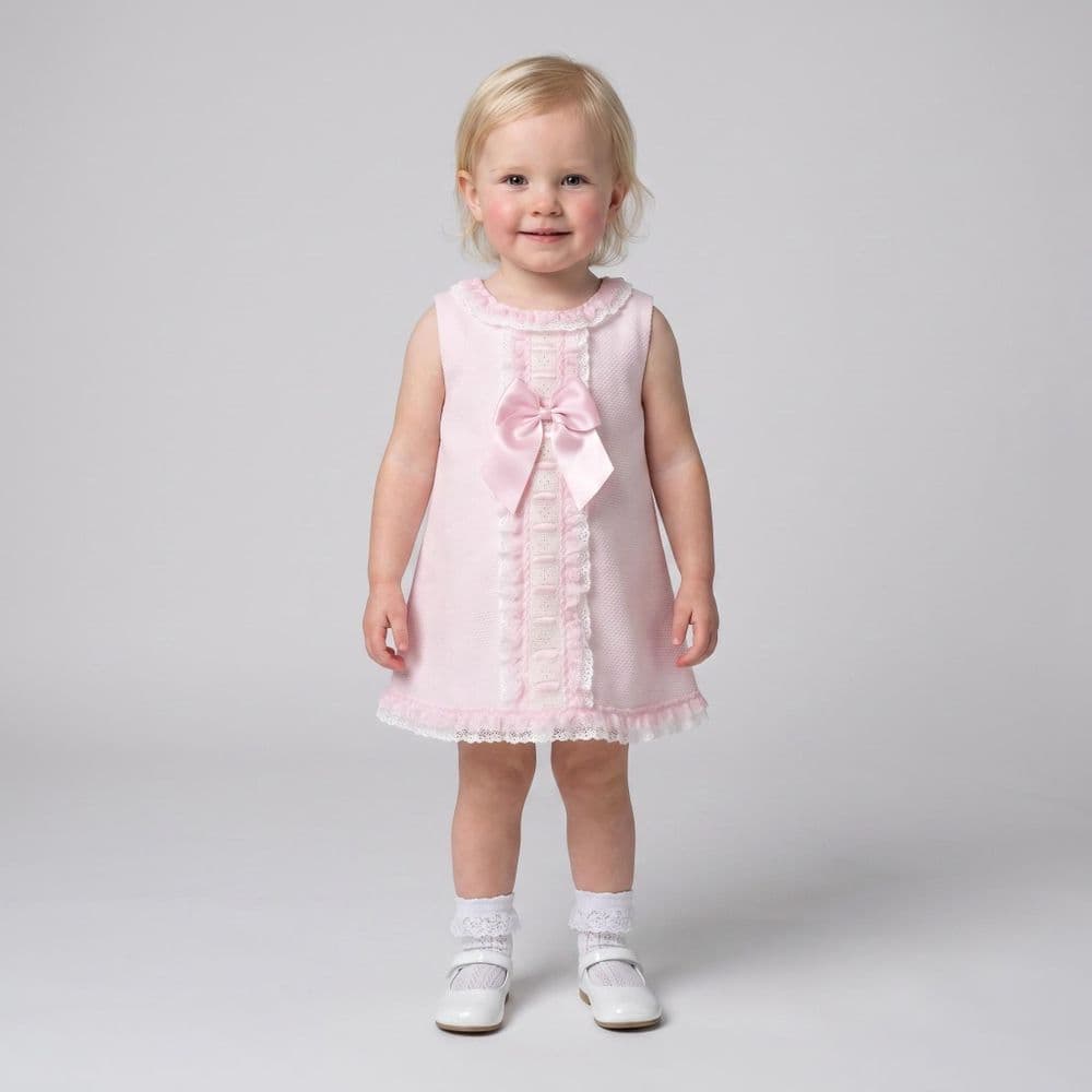 Baby Girl Pink Waffle Cotton Dress Ribbon Insert Lace "2612"