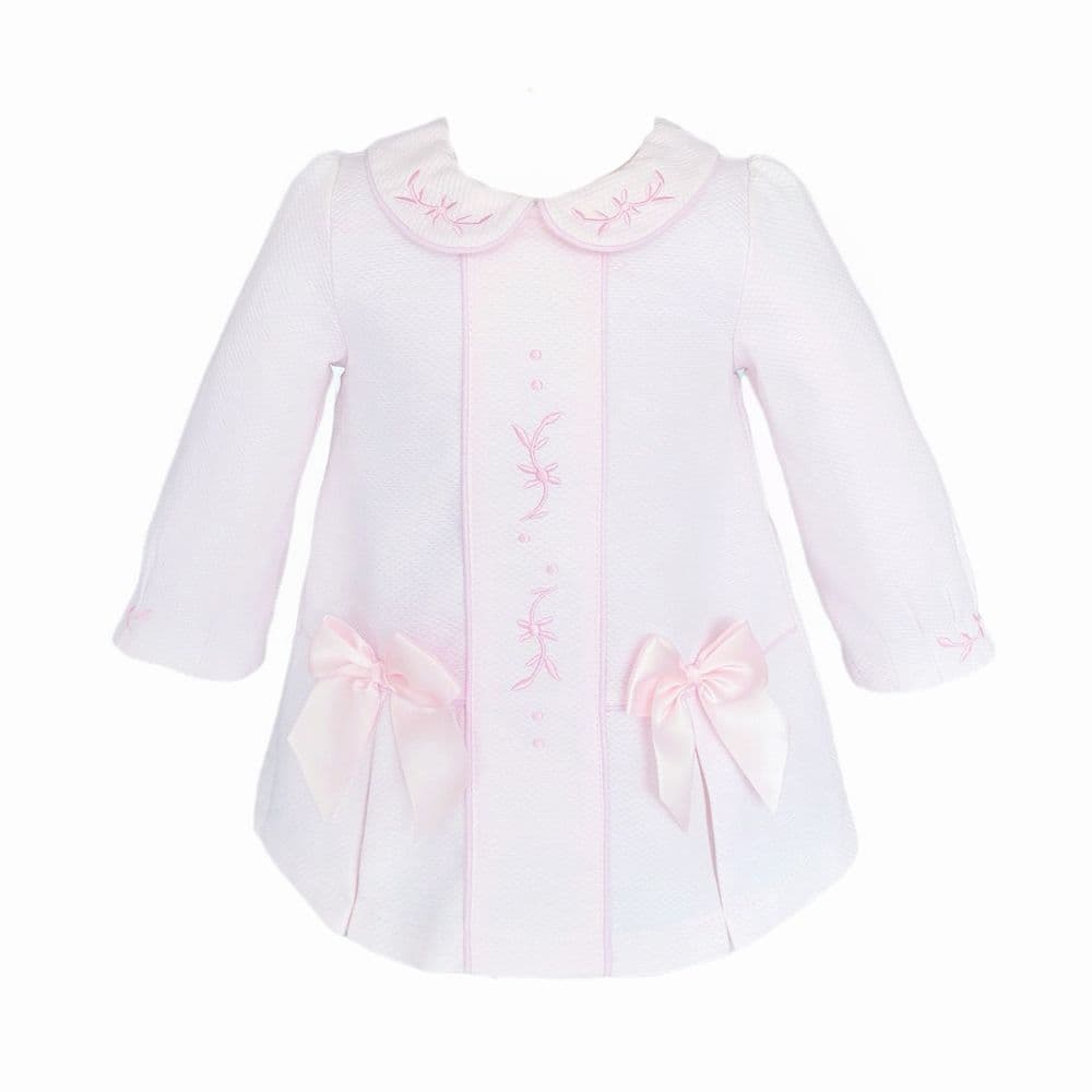 Baby Girl Pink Waffle Dress Embroidery and Satin Bows "2531"