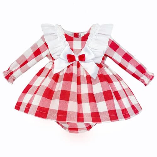 Baby Girl Red and White Checked Puff Dress with Pants "MYDC2476"