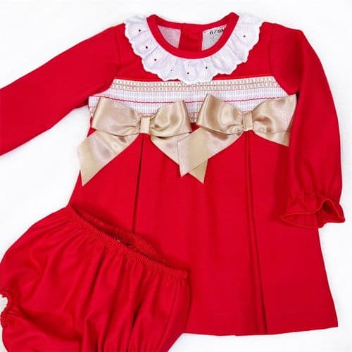 Baby Girl Red Cotton Smocked Dress with Pants "MYD2376"