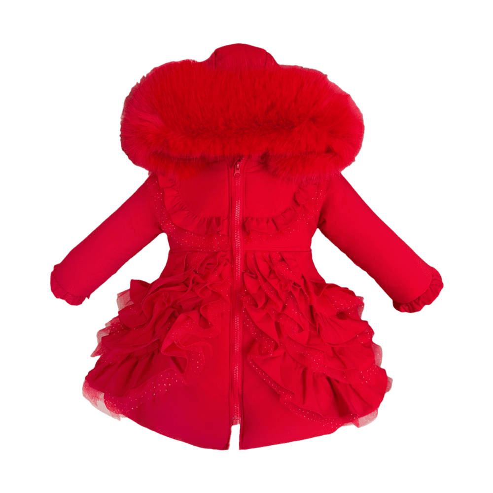Baby Girl Red Frilly Bottoms Puff Coat with Faux Fur Hood "MYD415 Red"