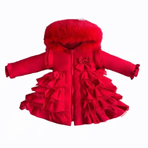 Baby Girl Red Frilly Bottoms Puff Coat with Faux Fur Hood "MYD416 Red"