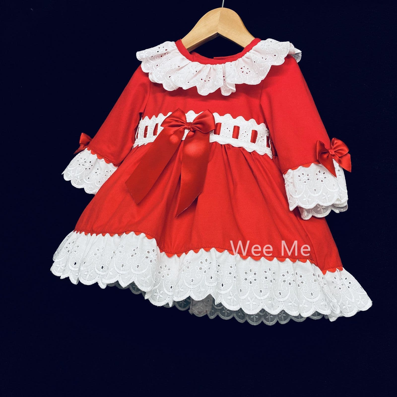 Baby Girl Red Long Sleeve Puff Ball Dress Front Bow