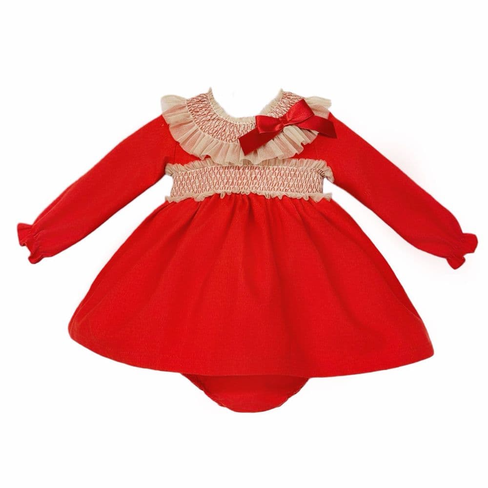 Baby Girl Red Puff Ball Smocked Dress with Pants "MYD25244"