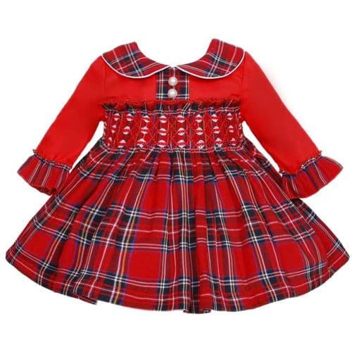 Baby Girl Red Tartan Hand Smocked Pearl Dress "2427"