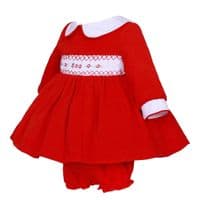 Baby Girl Red Velvet Puff Ball Hand Smocked Dress with Knickers 
