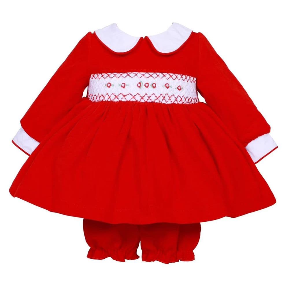 Baby Girl Red Velvet Puff Ball Hand Smocked Dress with Knickers "2421"
