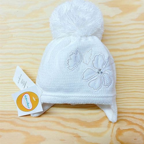 Baby Girl White Big Pom Hat with Ear Flap Flower Details