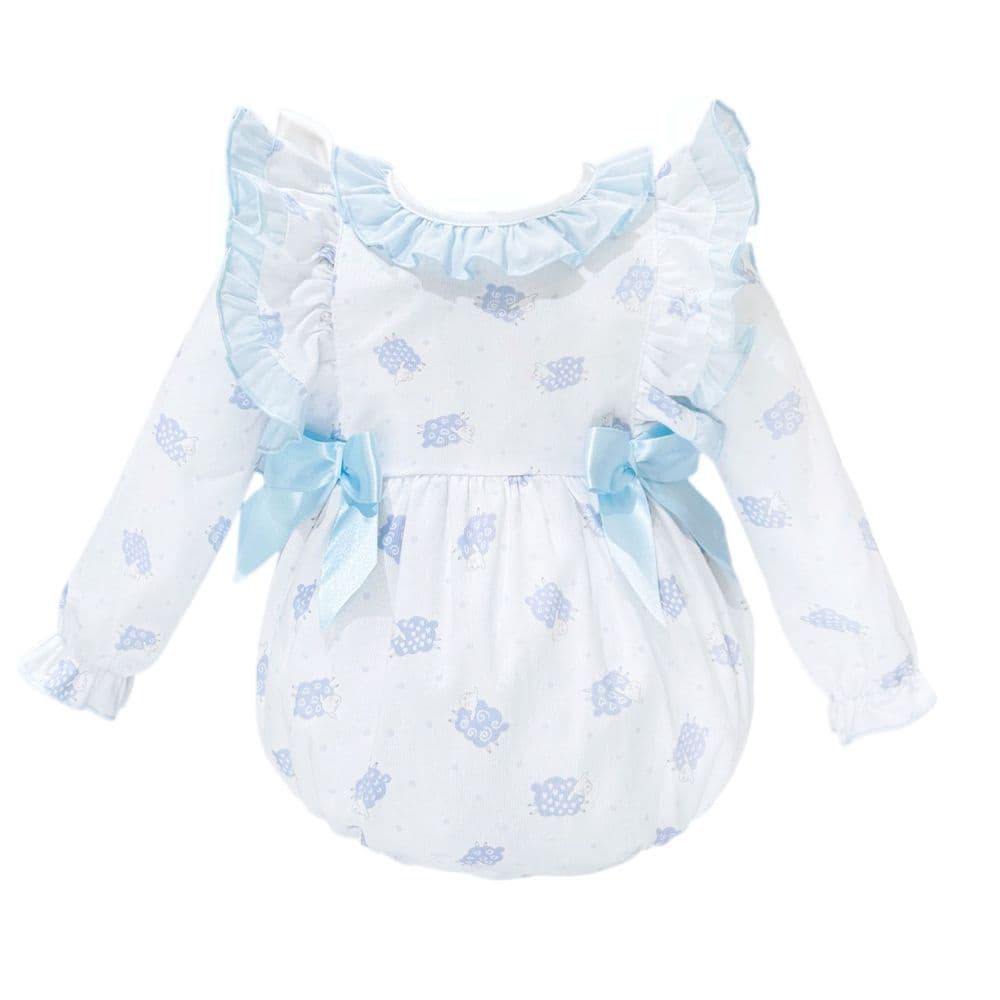 Baby Girl White Blue Sheep Print Frilly Shoulder Romper "MYD25234"