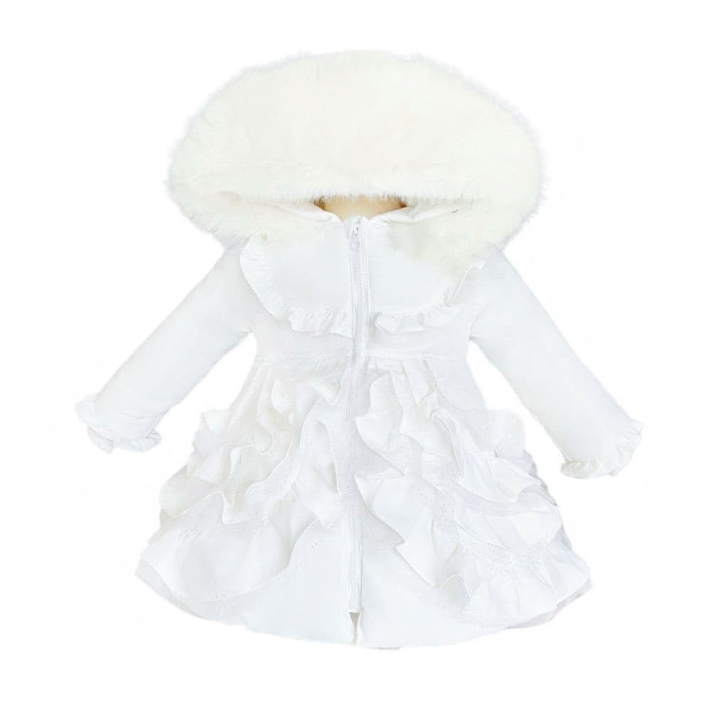 Baby Girl White Frilly Bottoms Puff Coat with Faux Fur Hood "MYD415 White"