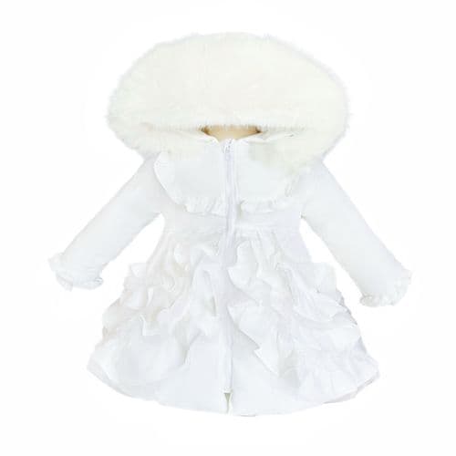 Baby Girl White Frilly Bottoms Puff Coat with Faux Fur Hood "MYD415 White"