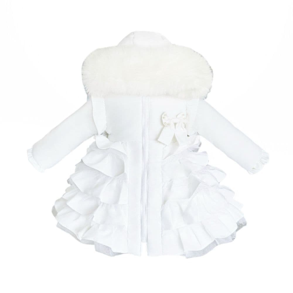 Baby Girl White Frilly Bottoms Puff Coat with Faux Fur Hood "MYD416 White"