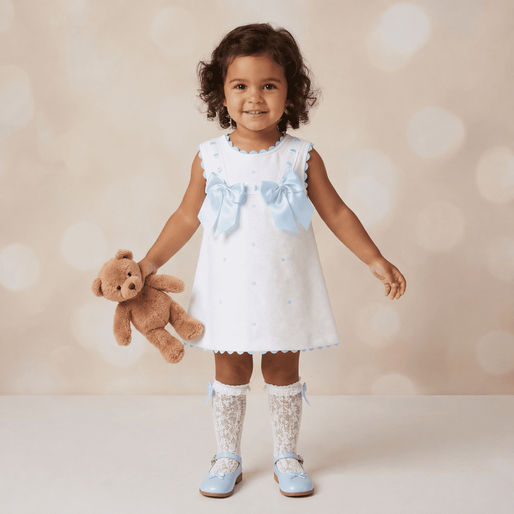 Baby Girl White Waffle Cotton Dress with Blue Bow "8602 B"
