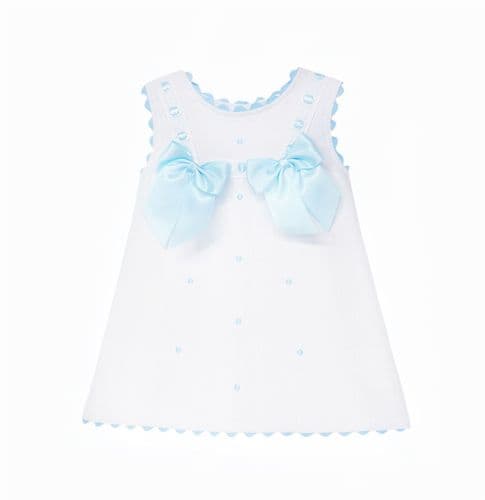 Baby Girl White Waffle Cotton Dress with Blue Bow "8602 B"