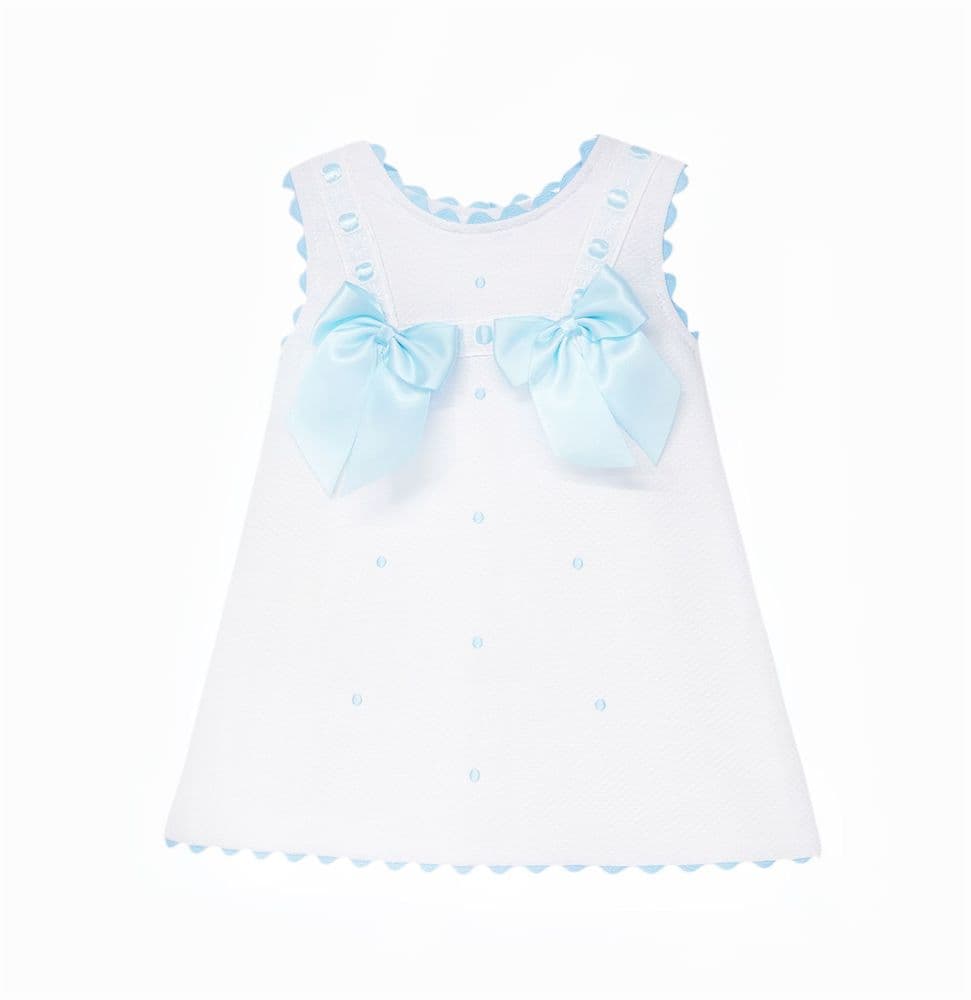 Baby Girl White Waffle Cotton Dress with Blue Bow "8602 B"