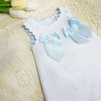Baby Girl White Waffle Cotton Dress with Blue Bow 