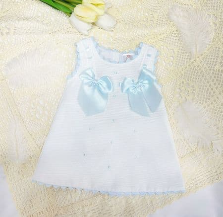 Baby Girl White Waffle Cotton Dress with Blue Bow 