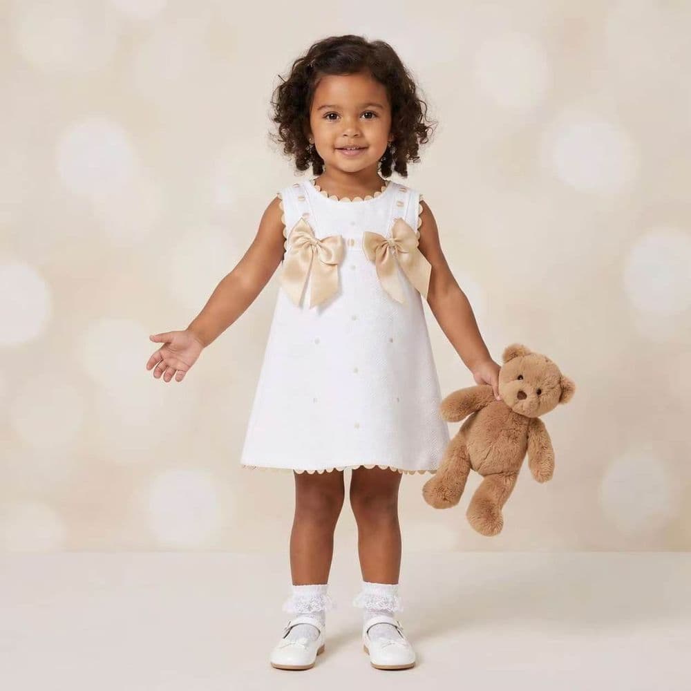 Baby Girl White Waffle Cotton Dress with Camel Bow "8602 C"