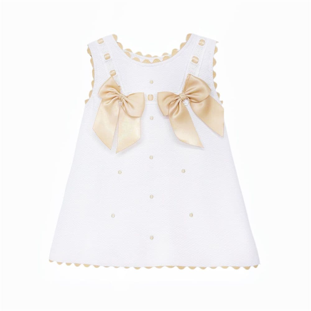 Baby Girl White Waffle Cotton Dress with Camel Bow "8602 C"