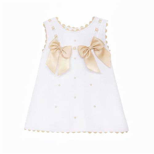 Baby Girl White Waffle Cotton Dress with Camel Bow "8602 C"