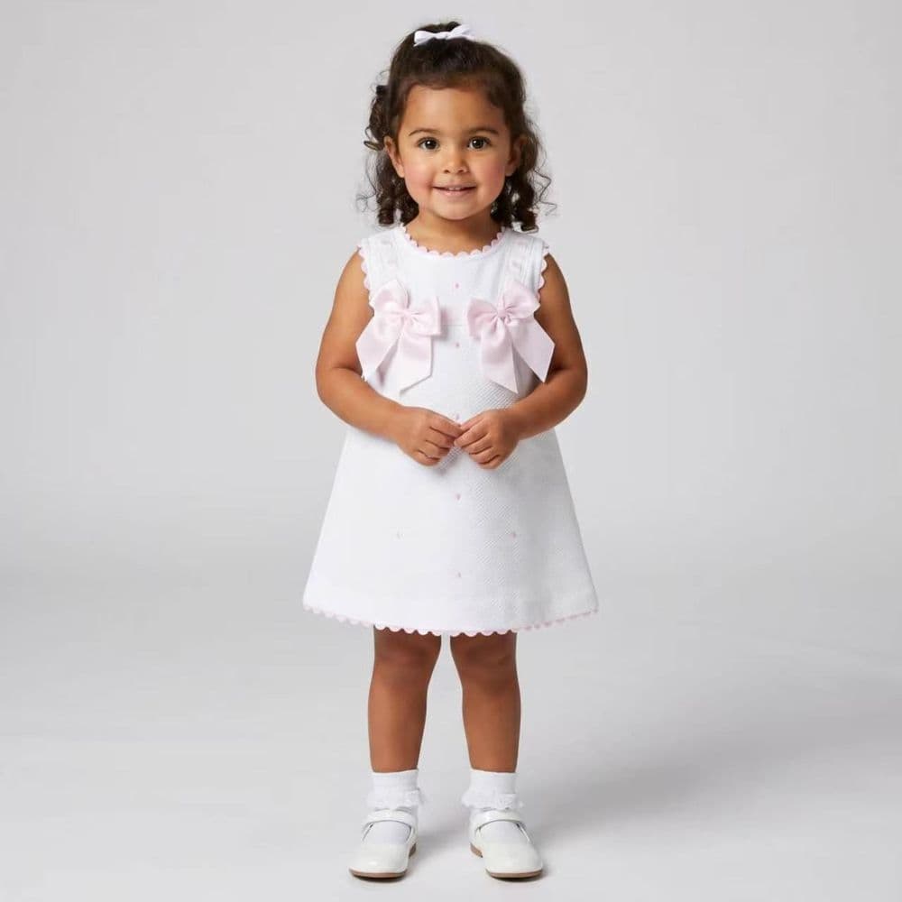 Baby Girl White Waffle Cotton Dress with Pink Bow "8602 WP"
