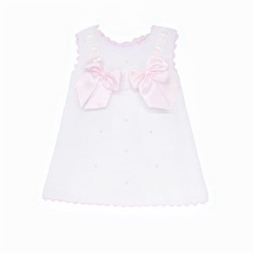 Baby Girl White Waffle Cotton Dress with Pink Bow "8602 WP"