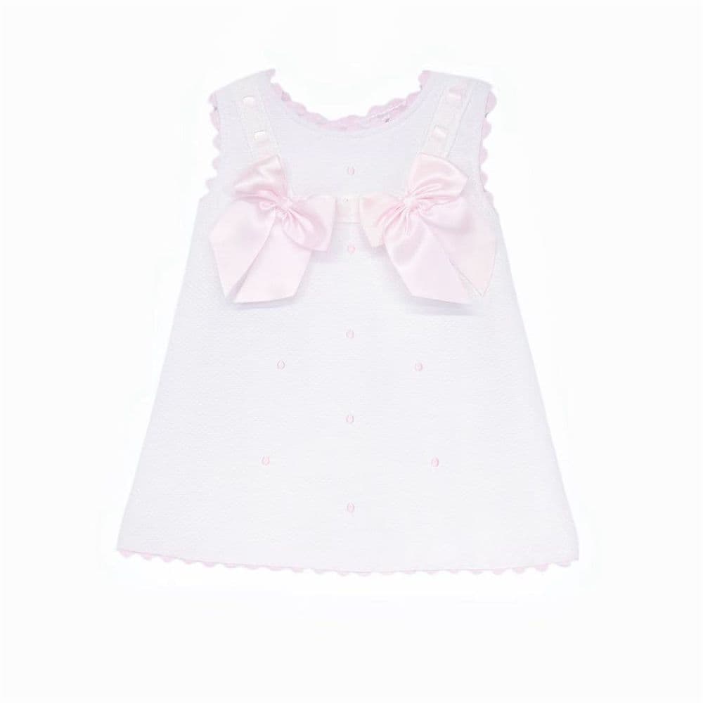 Baby Girl White Waffle Cotton Dress with Pink Bow "8602 WP"