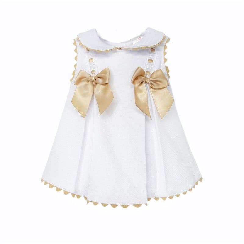 Baby Girl White Waffle Dress with Camel Satin Bows "2602 C"