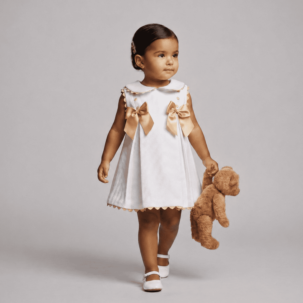 Baby Girl White Waffle Dress with Camel Satin Bows "2602 C"