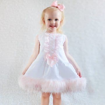 Baby Girl White Waffle Faux Fur Trim Dress Pink Bow "1812 WP"