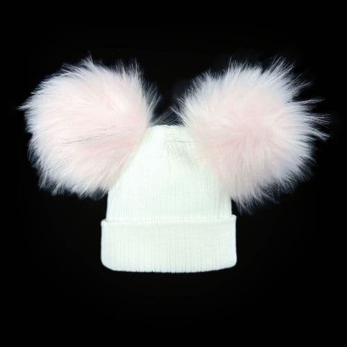 Baby Girl White with Pink Double Faux Fur Pom Hat Ribbed Knit