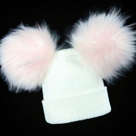 Baby Girl White with Pink Mega Double Pom Hat Faux Fur