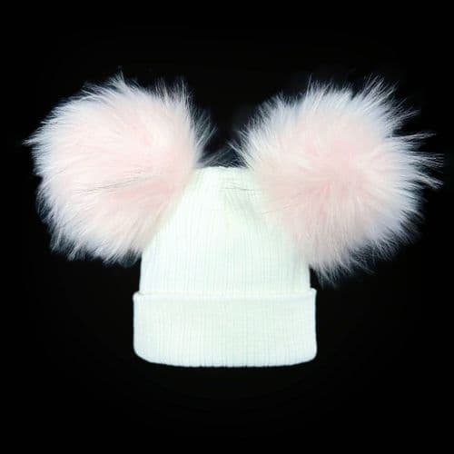 Baby Girl White with Pink Mega Double Pom Hat Faux Fur