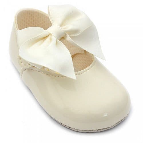 Baby Girls Big Bow Patent Pram Shoes "B025 Ivory"