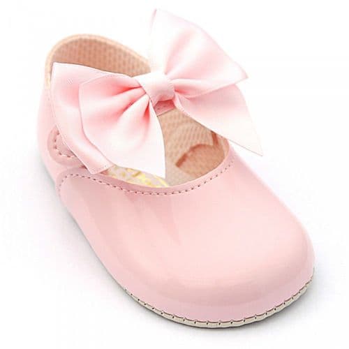 Baby Girls Big Bow Patent Pram Shoes "B025 Pink"