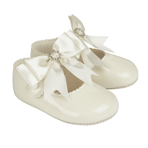 Baby Girls Big Diamante Bow Patent Pram Shoes "B060 Ivory"