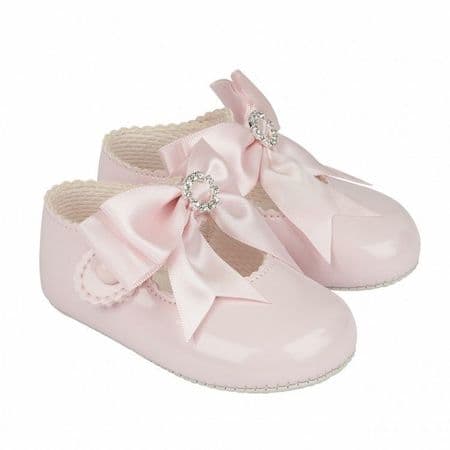 Baby Girls Big Diamante Bow Patent Pram Shoes 