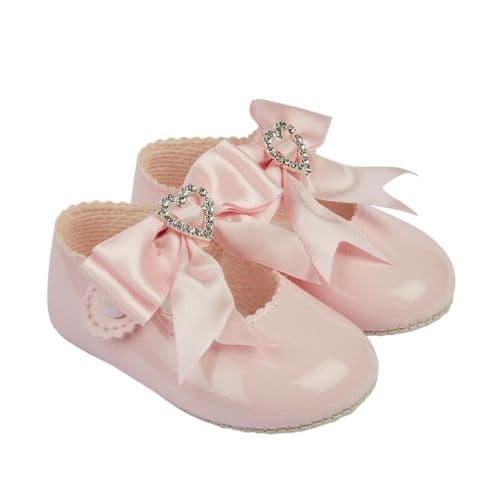 Baby Girls Bow & Diamante Heart Patent Pram Shoes "B062 Pink"