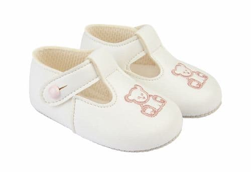 Baby Girls Embroidered Teddy Button Bar Patent Pram Shoes "B117 White Pink"