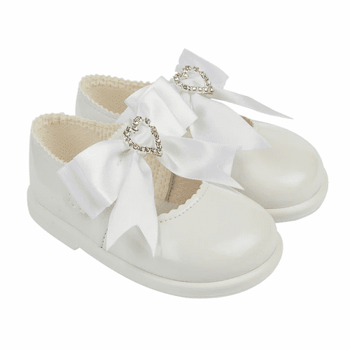 Baby Girls Hard Sole Patent Shoes Big Bow Diamante "H037-W"