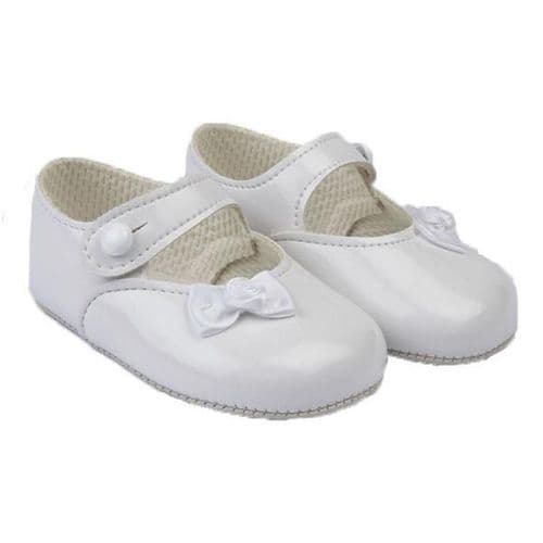Baby Girls Little Bow Patent Pram Shoes "B616 White"