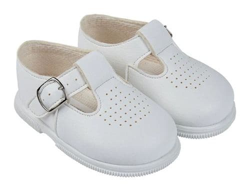 Baby Girls Matt T-Bar & Punch Detail Hard Sole Shoes "H501 White"