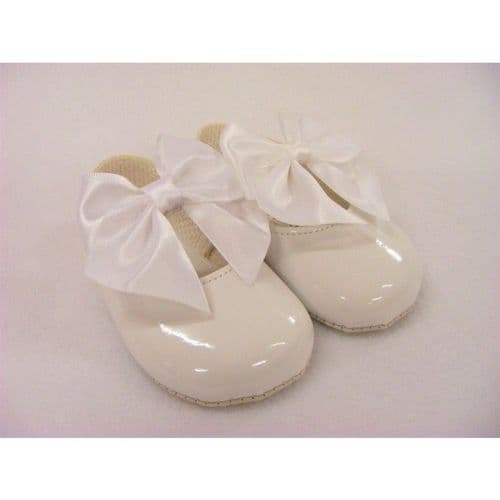 Baby Girls Patent Big Bow Pram Shoes "B025 White"