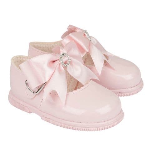 Baby Girls Patent Bow & Diamante Hard Sole Shoes "H035 Pink"