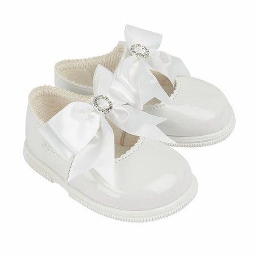 Baby Girls Patent Bow & Diamante Hard Sole Shoes "H035 White"