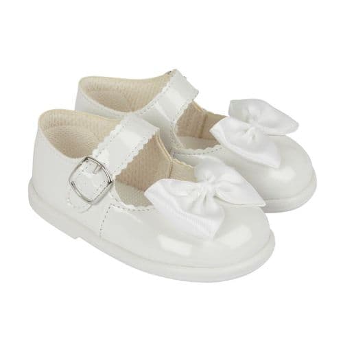 Baby Girls Patent Bow Hard Sole Shoes "H505 White"