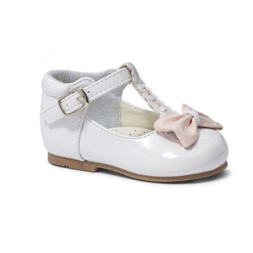 Baby Girls Patent T-Bar Bow Shoes "Emily White/Pink"