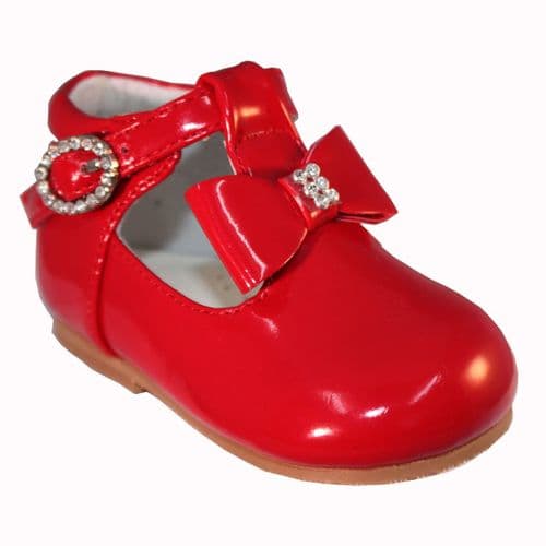 Baby Girls Patent T-Bar Shoes with Diamante Buckle & Bow "Lily Red"