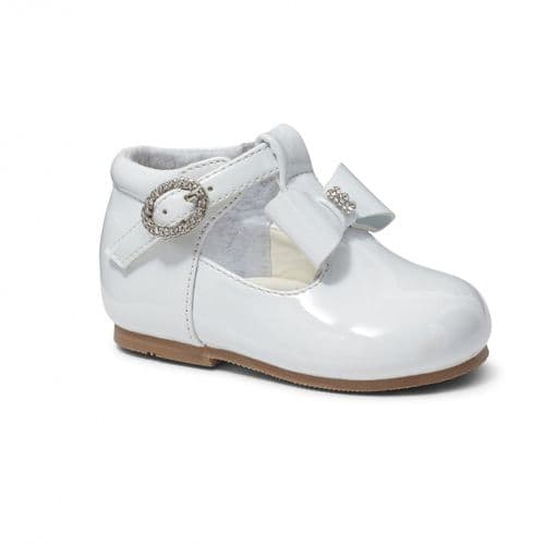 Baby Girls Patent T-Bar Shoes with Diamante Buckle & Bow "Lily White"
